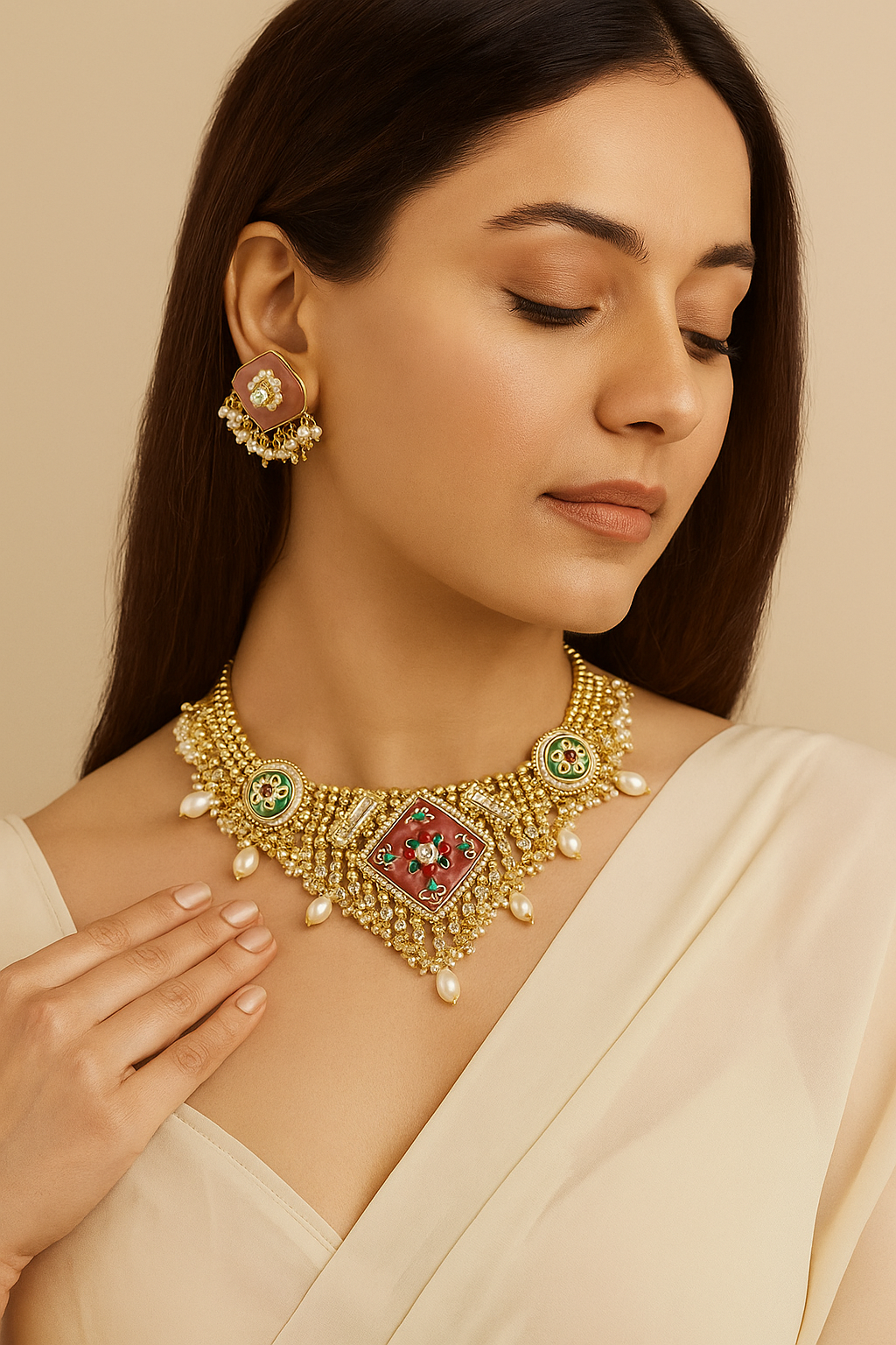 Grand Kundan Choker Necklace Set with Pearls & Pink Stone Earrings